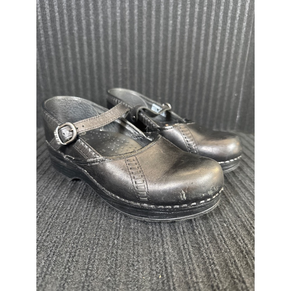 Dansko Womens Sam Black Leather Mary Jane Clogs Size 38 7.5